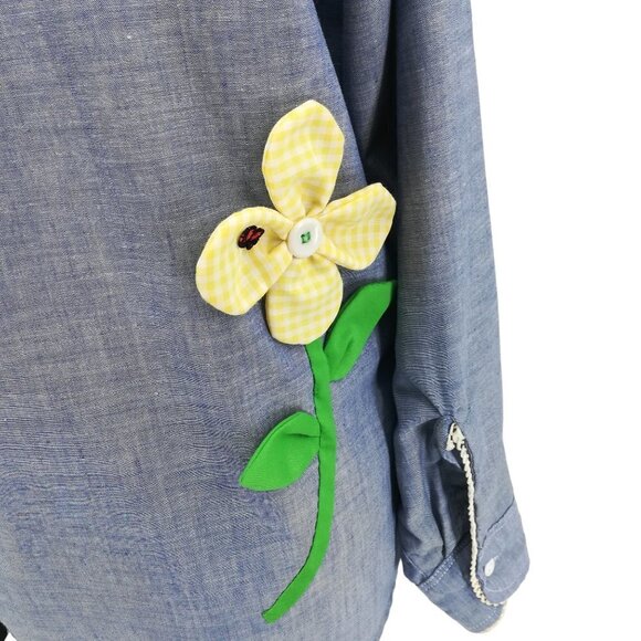 Vintage Applique Flower Chambray Button Front Shirt Size Mens Small Womens M/L - Picture 12 of 15